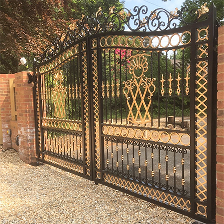 Ornate iron driveway gates